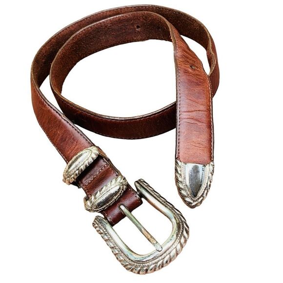 Brighton Brown Leather Silver Buckle Classic Style Belt Size Medium Western - Picture 1 of 12